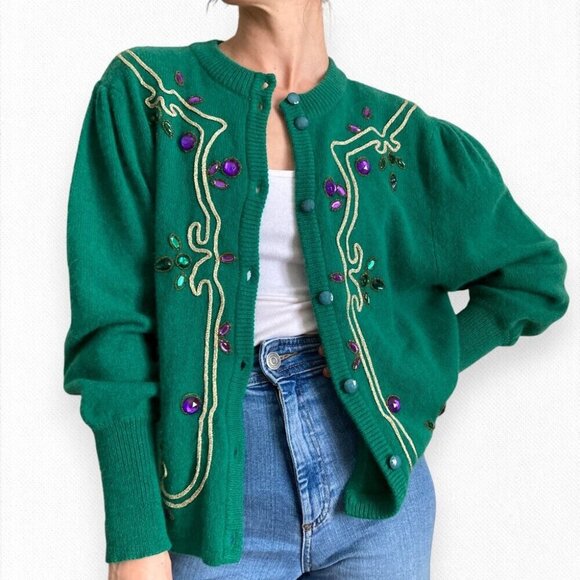 Vintage Sweaters - Vintage Angora Wool Cardigan Green Gem Embroidered Puffed Balloon Sleeve Large